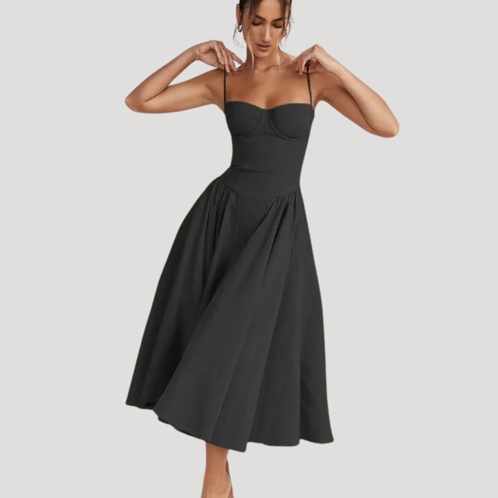 Formal women's A-line midi dress with structured corset bodice and romantic sweetheart neckline.