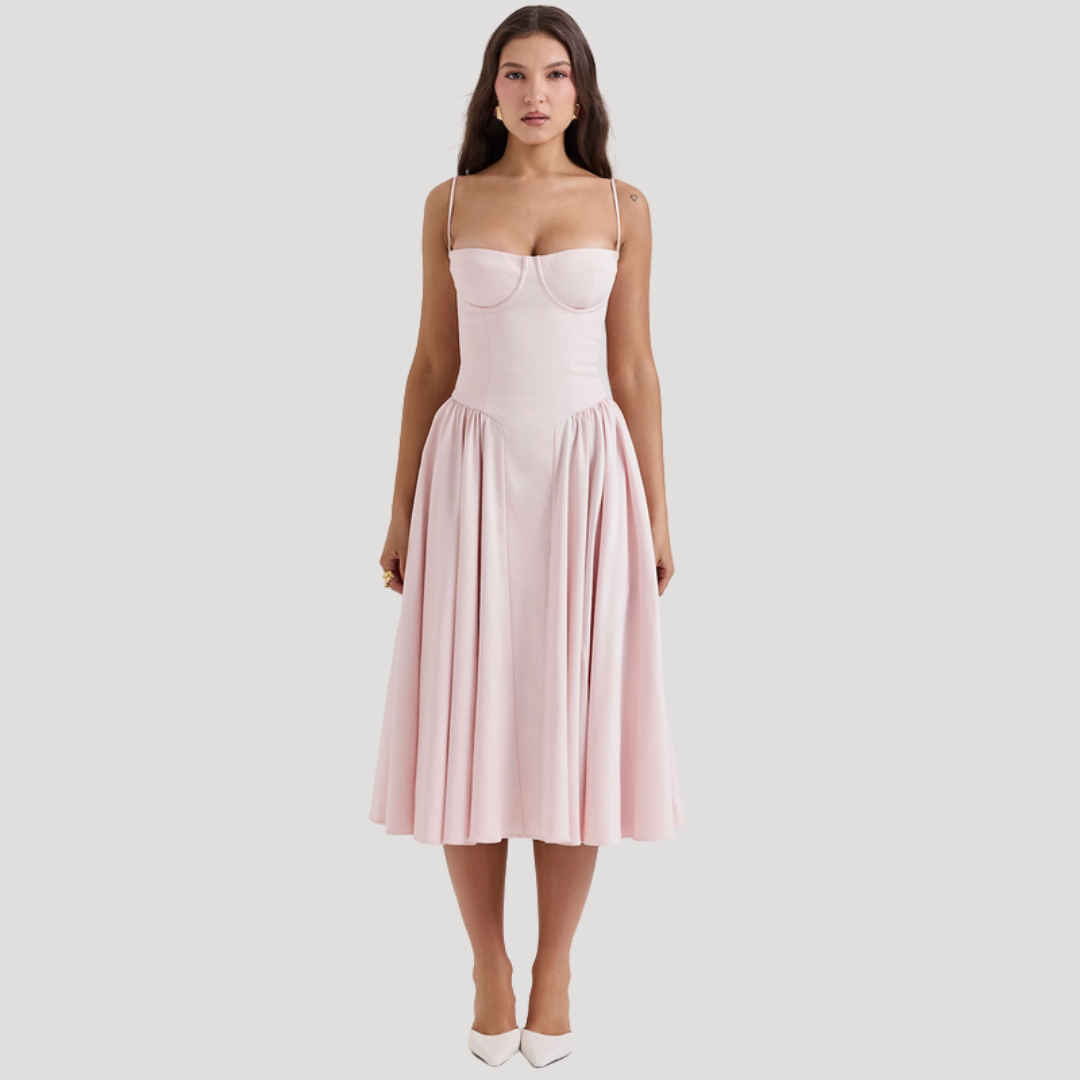 Stunning women's special occasion midi dress: sweetheart corset bodice, full A-line skirt.