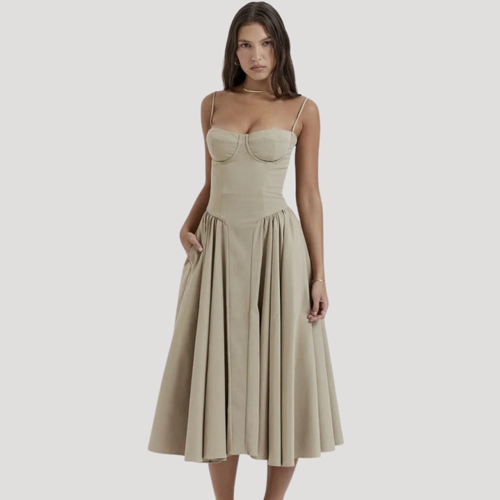 Beautiful women's midi dress with sweetheart neckline & corset. Ideal as a wedding guest or prom dress.