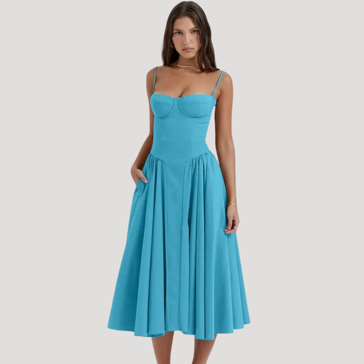 Sophisticated women's party dress: sweetheart corset bodice, flowing A-line midi skirt.