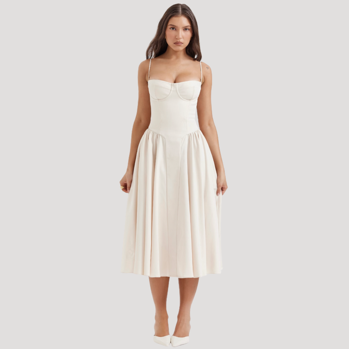 Women's formal evening gown with a sweetheart corset top and elegant A-line midi skirt.
