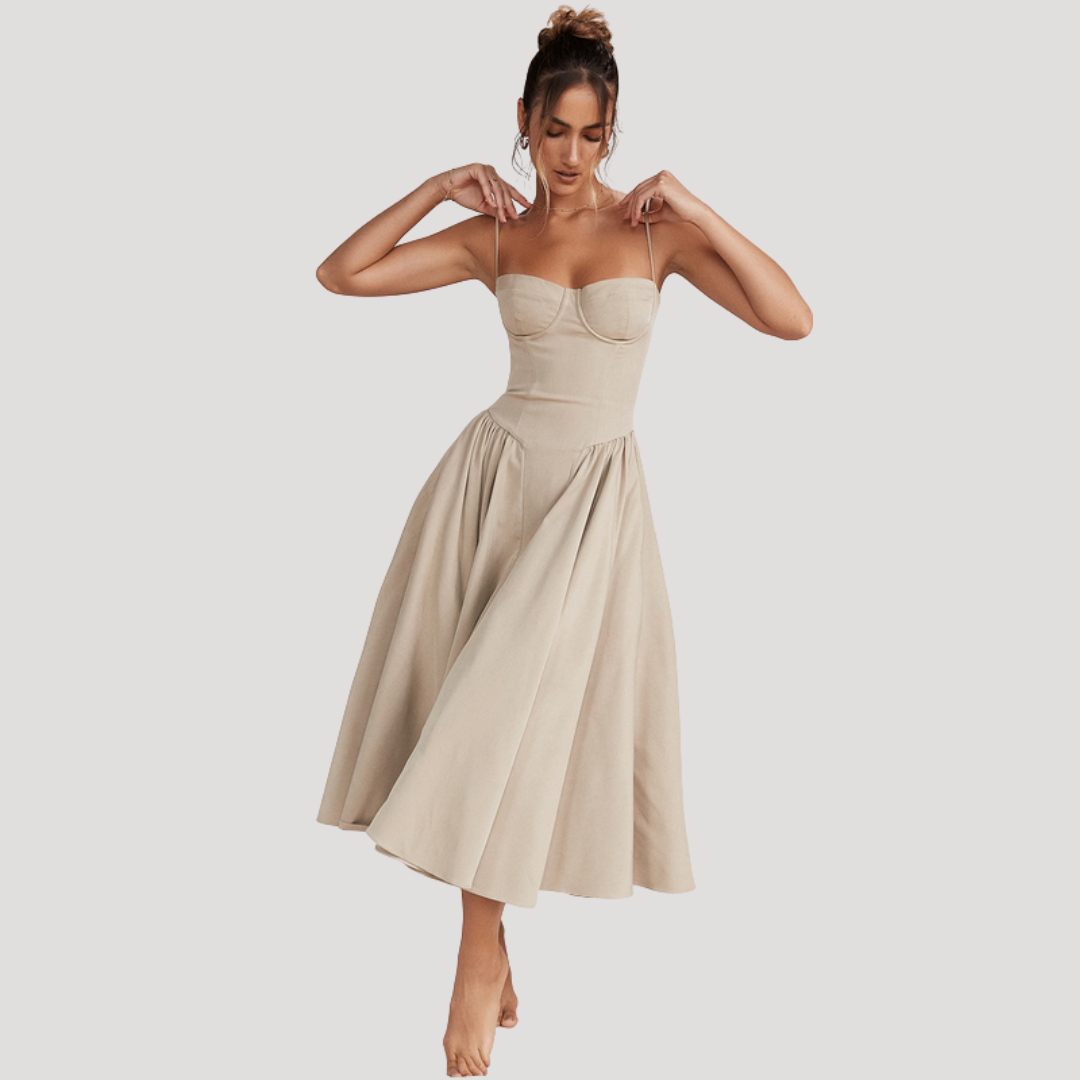 Sweetheart neckline midi dress for women, featuring a corset bodice & full A-line skirt. Great for events.