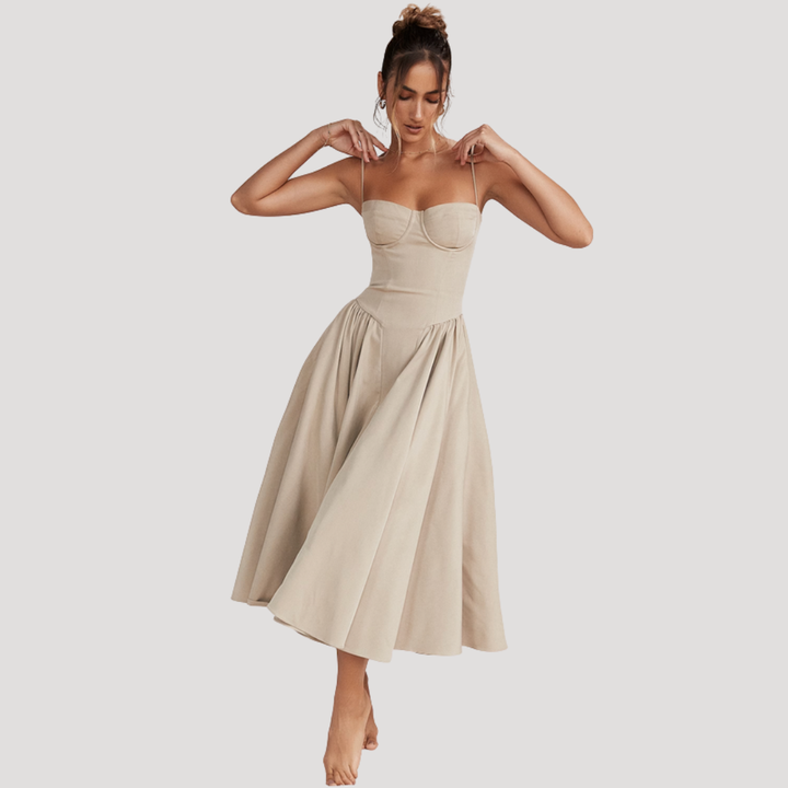 Sweetheart neckline midi dress for women, featuring a corset bodice & full A-line skirt. Great for events.