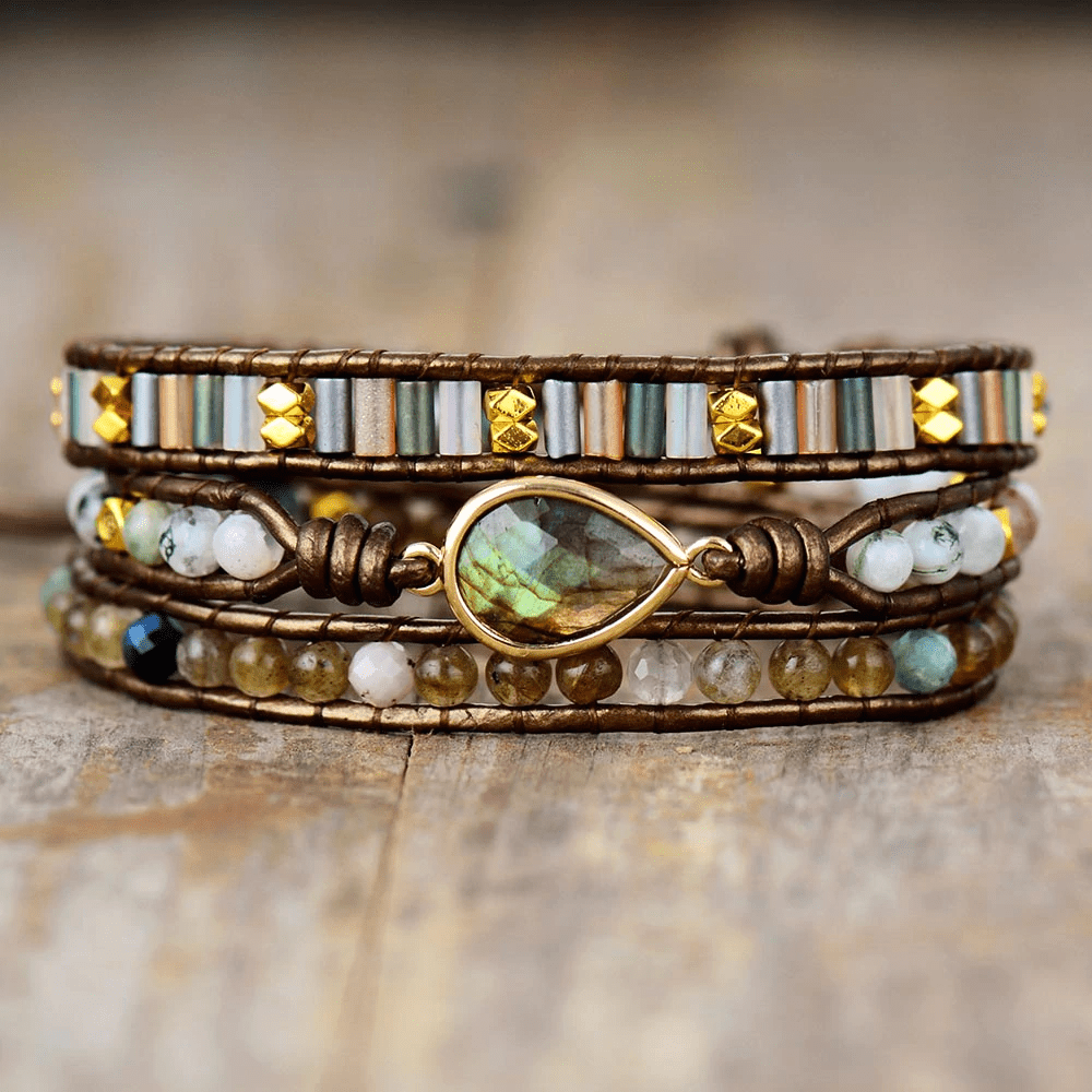 Women's Sylvana labradorite wrap bracelet with protective gemstones, bohemian style handmade jewelry