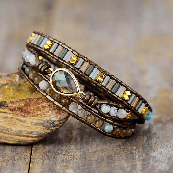 Stylish women's labradorite wrap bracelet, handmade boho spiritual jewelry for protection, close-up