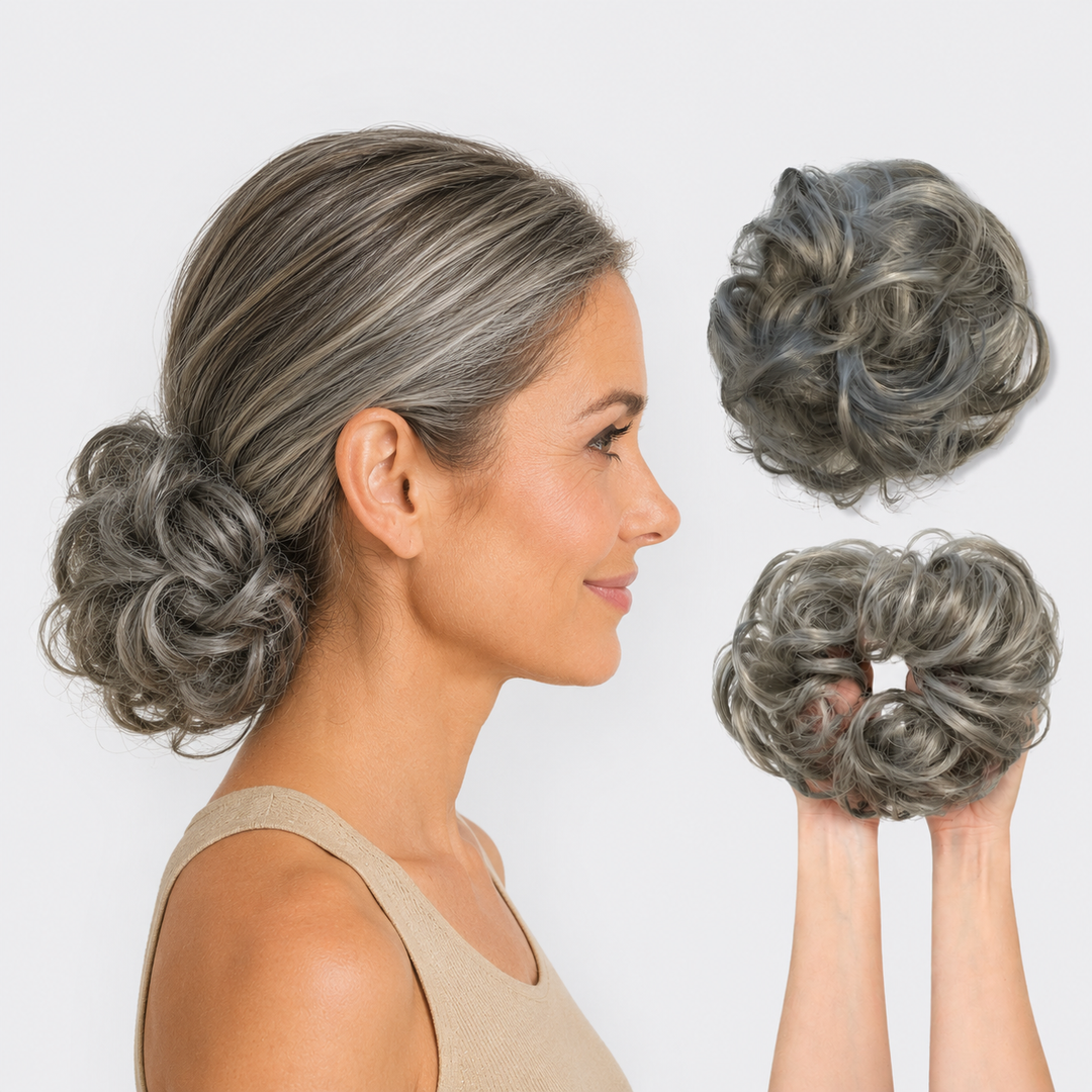 Everyday hair accessory: women's scrunchie hair extension for a quick, voluminous, and easy-to-style bun.