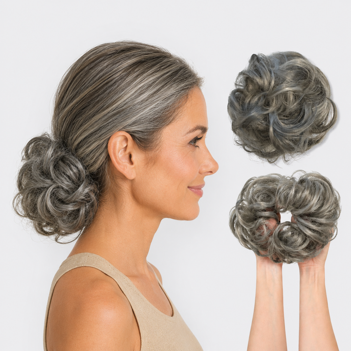 Everyday hair accessory: women's scrunchie hair extension for a quick, voluminous, and easy-to-style bun.