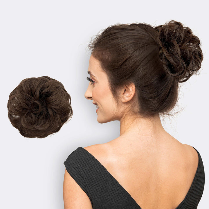 Synthetic hair bun scrunchie accessory, designed for women to add natural-looking volume to their updos.