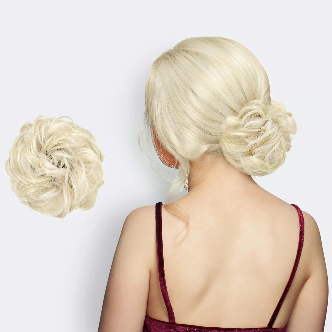 Easy-to-use women's hair extension scrunchie for an instant, voluminous hair bun. Great for quick styling.