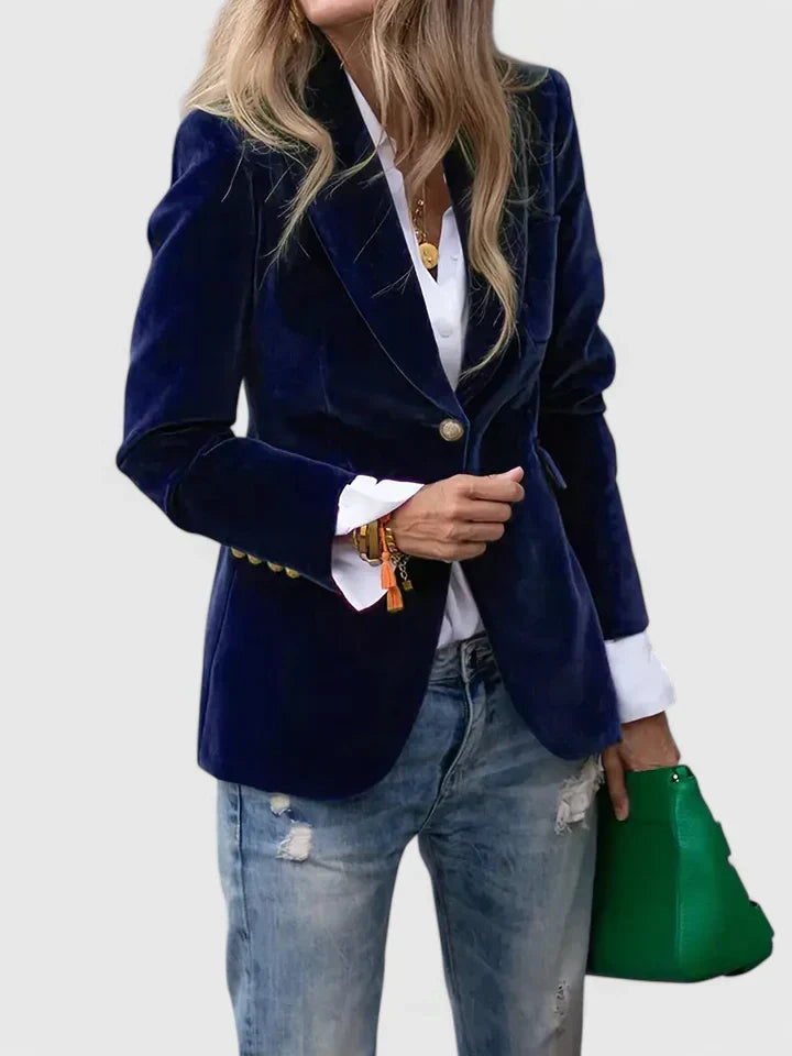 Luxe women's single-breasted tailored blazer with elegant gold buttons for professional office wear.