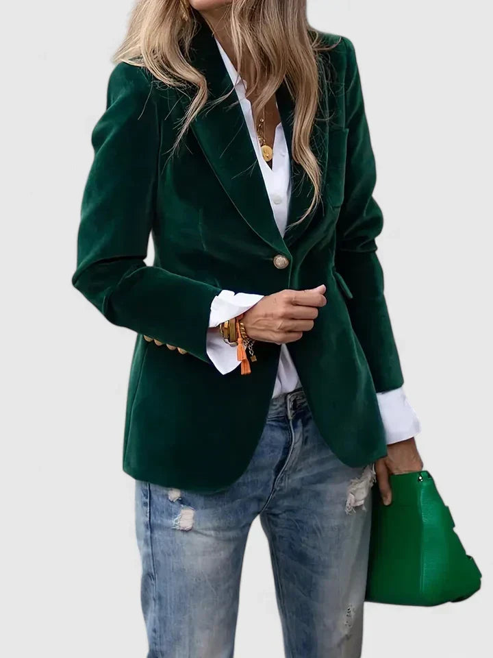 Formal women's tailored blazer, single-breasted, gold buttons. Ideal for evening, office, or smart casual.