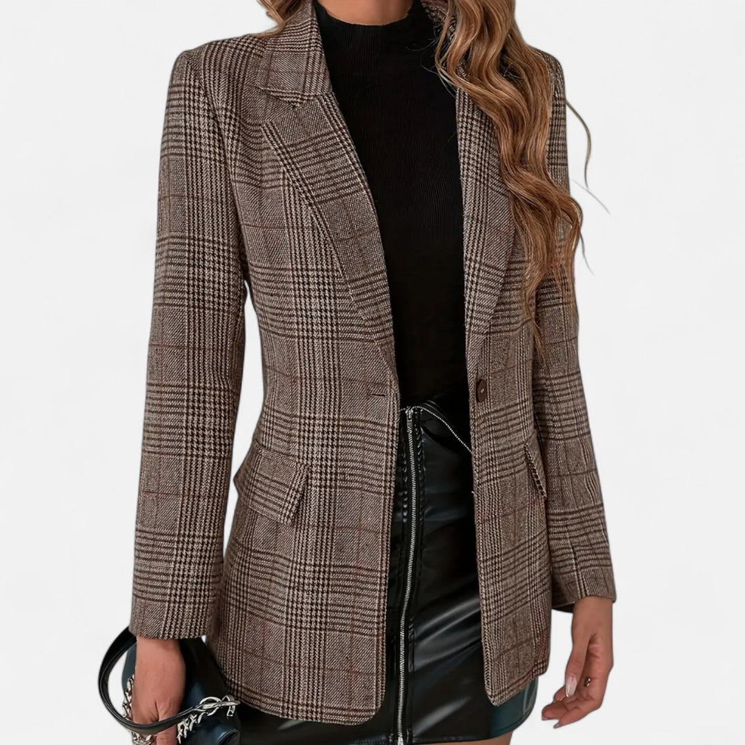 Women's tailored brown plaid blazer, single-breasted, perfect for professional office wear or smart evening occasions.