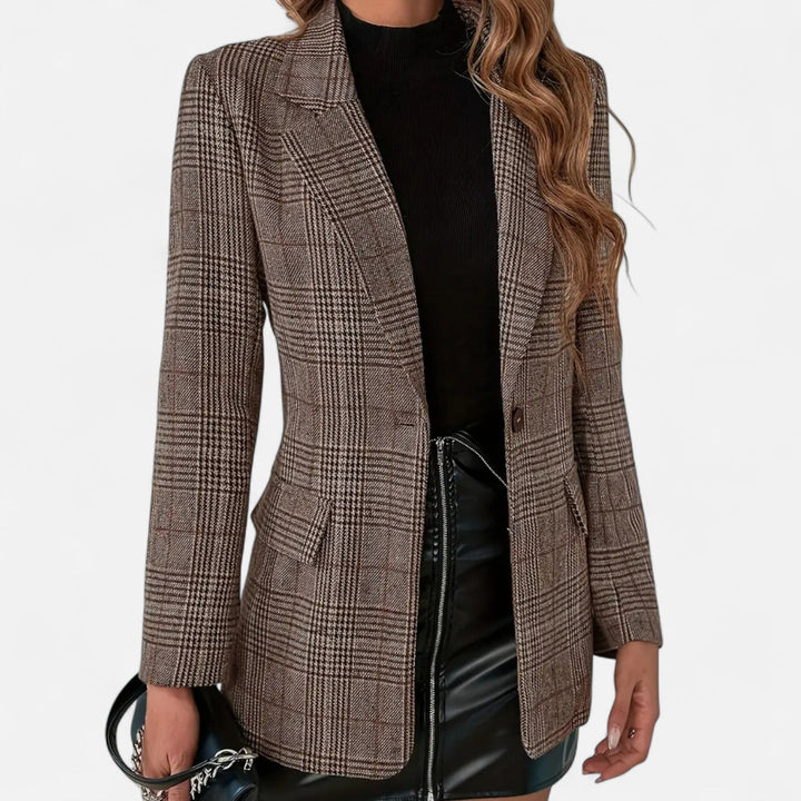 Women's tailored brown plaid blazer, single-breasted, perfect for professional office wear or smart evening occasions.