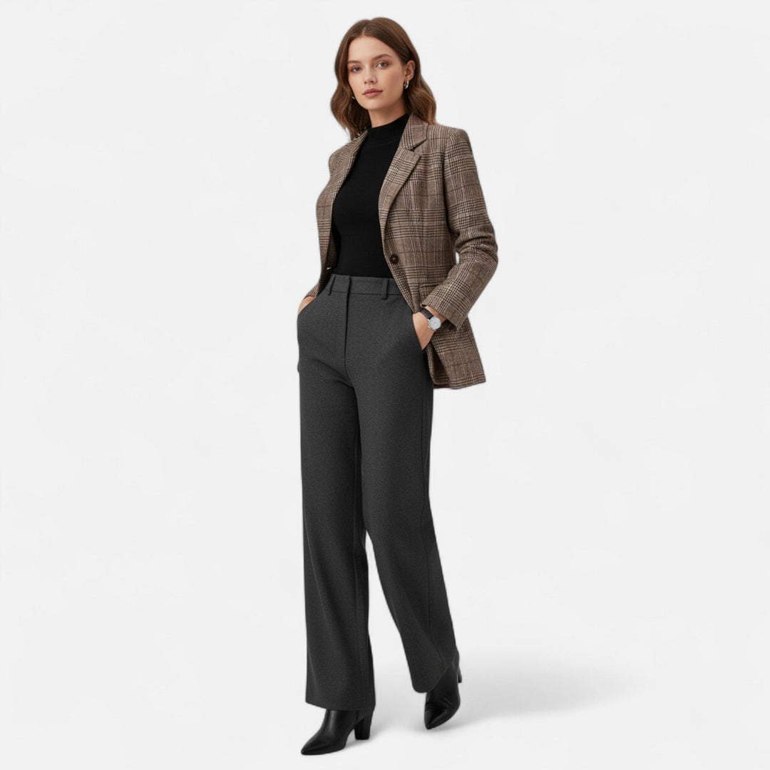 Classic women's single-breasted plaid blazer. Tailored brown work jacket for office fashion & smart casual style.
