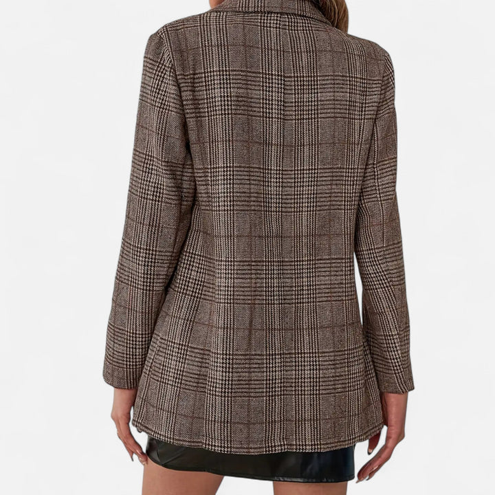 Elegant women's brown plaid blazer, single-breasted. A smart tailored jacket for office, business, and evening events.