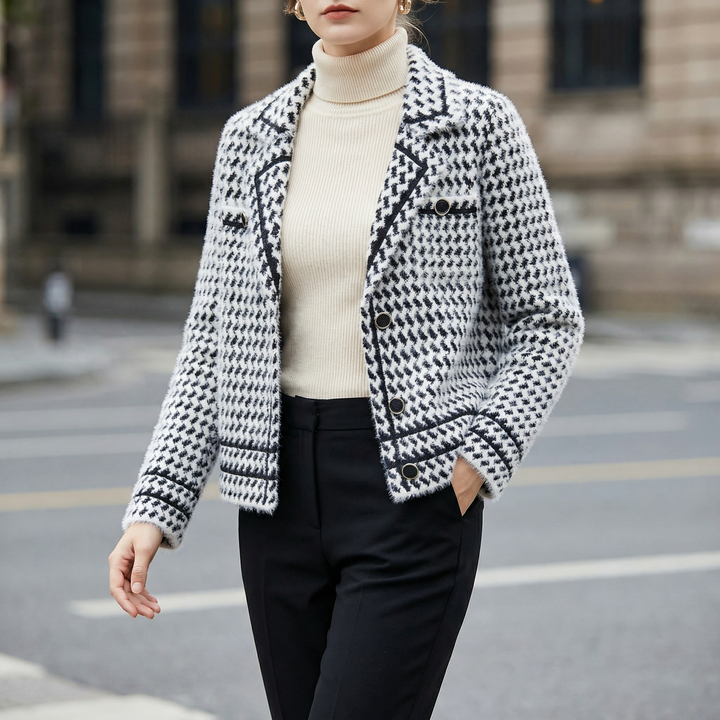 Women's tailored houndstooth cropped jacket for elegant style.