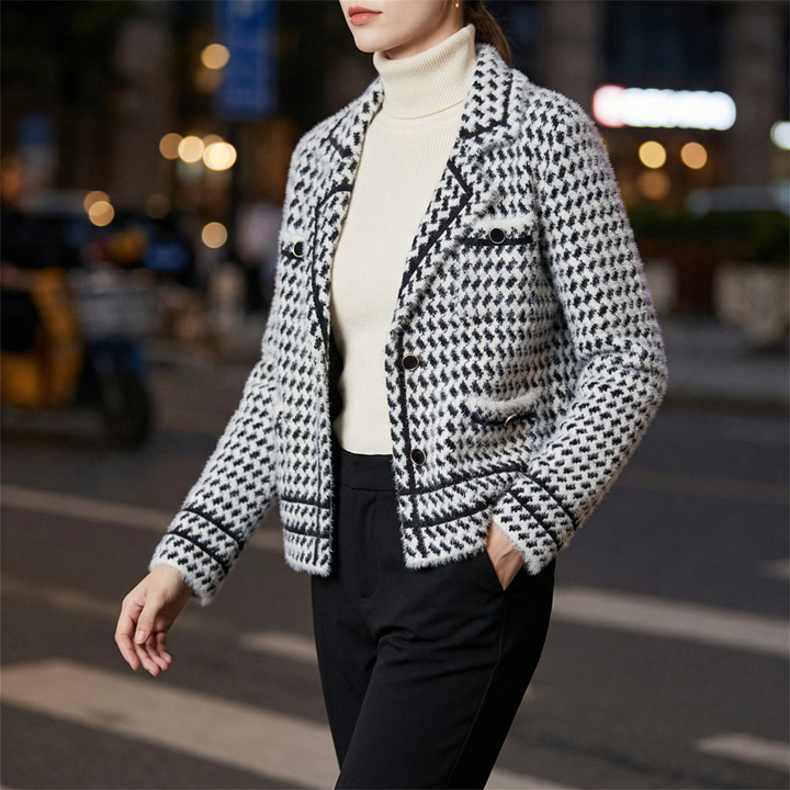 Structured camel houndstooth cropped jacket, perfect for business casual.