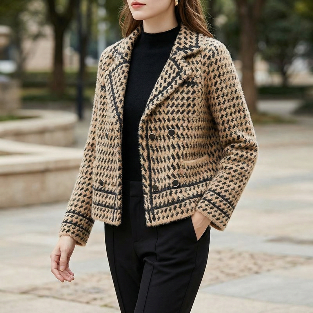 Polished white houndstooth cropped jacket, a chic layering piece.
