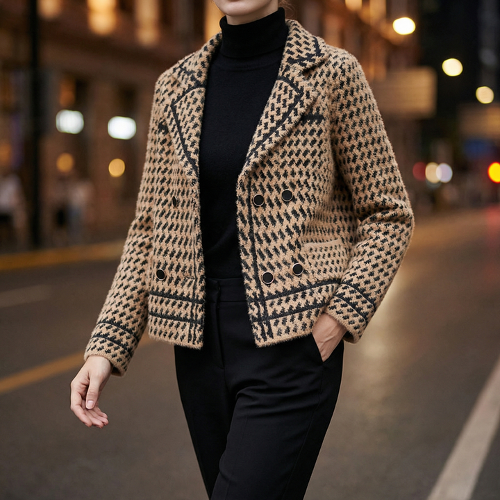 Elegant women's cropped jacket with classic houndstooth pattern.