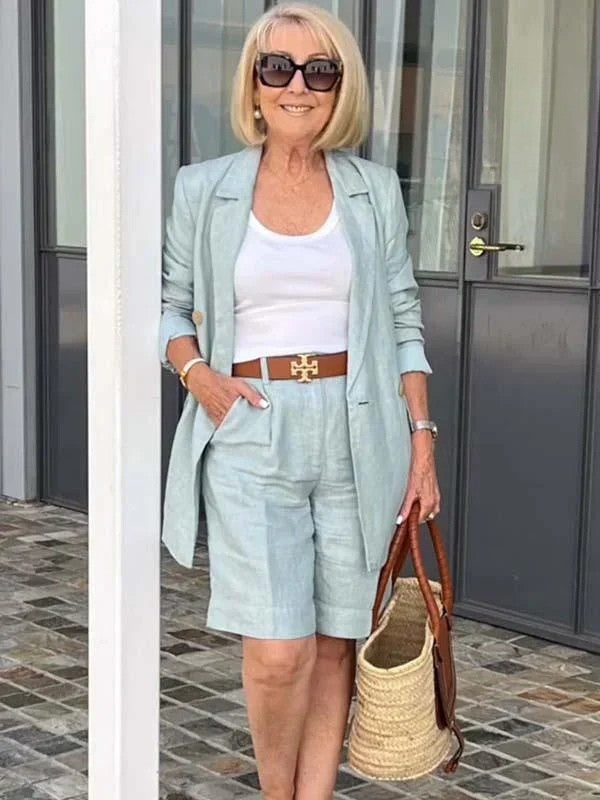 Women's tailored linen blazer & high-waist shorts summer set, a comfortable & breathable two-piece outfit.
