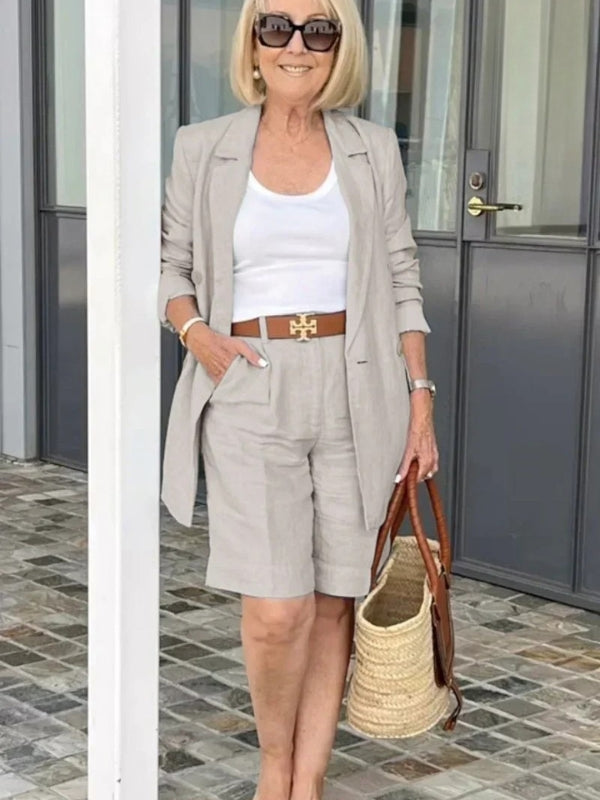 Casual chic linen blazer and high-waist shorts set for women, a versatile summer outfit for ladies fashion.