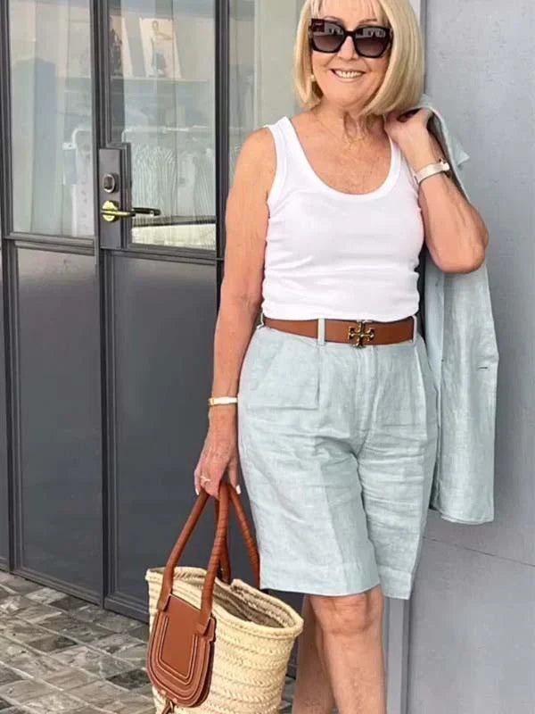 Tailored ladies linen blazer & high-waist shorts set, breathable & fashionable for summer outfits.