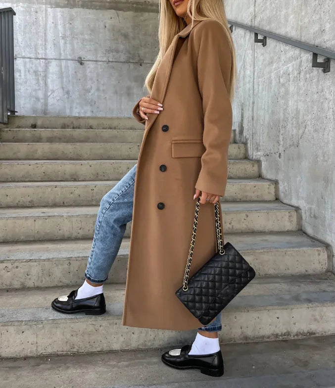 Chic women's long belted coat, perfect for professional office style & elegant fall winter fashion. Tailored fit.