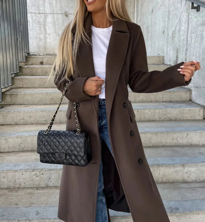 Structured women's long coat, tailored fit with belt for a chic & elegant office look. Versatile fall outerwear.