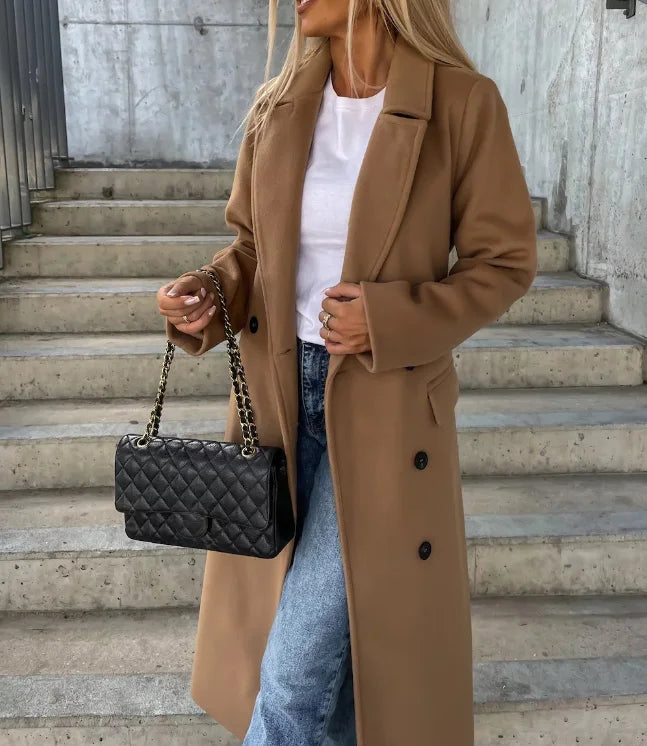 Professional women's long tailored coat, belted outerwear for a comfortable and chic office style. Fall winter ready.