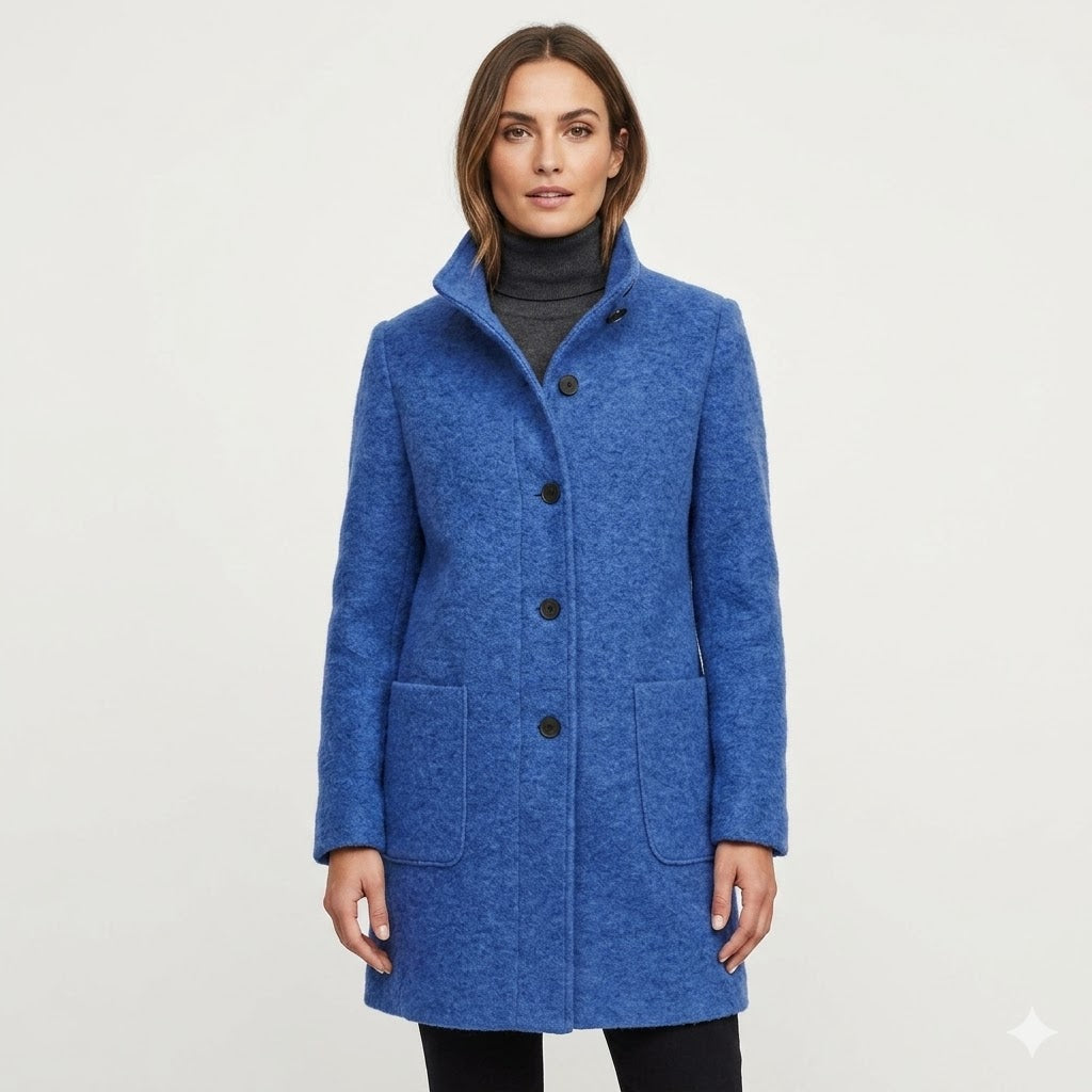Women's tailored mid-length coat with button closure. Elegant workwear or stylish casual fall/winter outerwear.