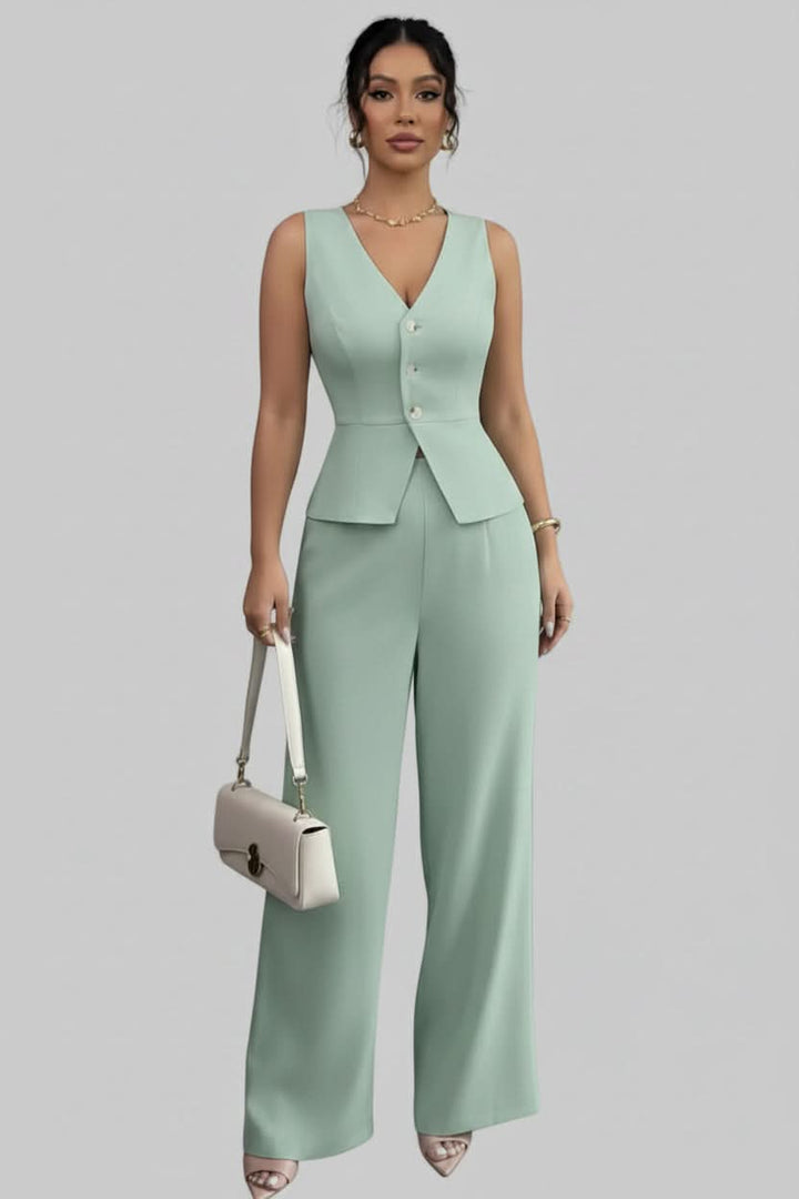 Women's tailored waistcoat & wide-leg pants two-piece set. Elegant, modern business casual outfit for summer.