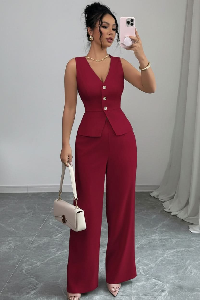 Sophisticated women's two-piece set: modern waistcoat and wide-leg trousers. Versatile business casual fashion.