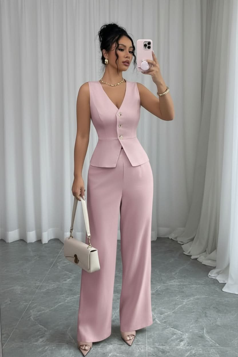Elegant women's tailored waistcoat and wide-leg pant set. Perfect sophisticated business casual or summer outfit.