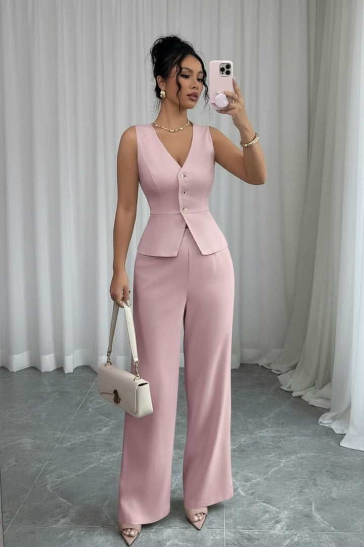 Elegant women's tailored waistcoat and wide-leg pant set. Perfect sophisticated business casual or summer outfit.