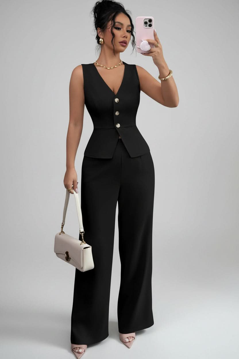 Modern women's two-piece outfit featuring a chic waistcoat and flowy wide-leg pants. Tailored elegance.