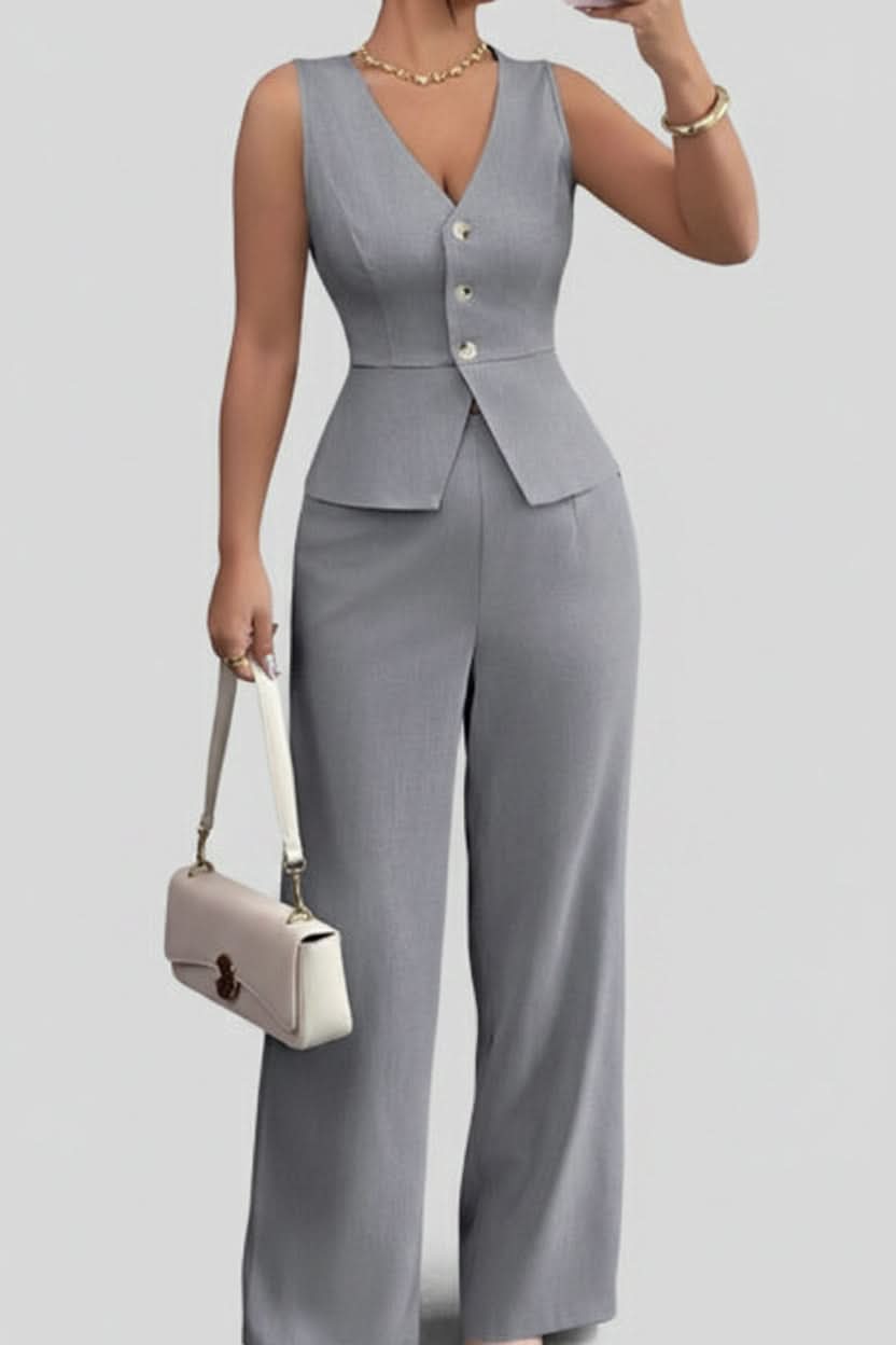 Chic women's modern two-piece set with a tailored waistcoat and wide-leg pants for a sophisticated look.