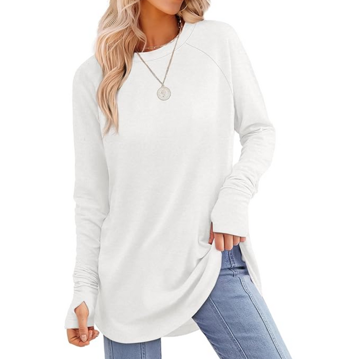 Modern women's Tamari casual tunic, long sleeve design with practical thumbholes