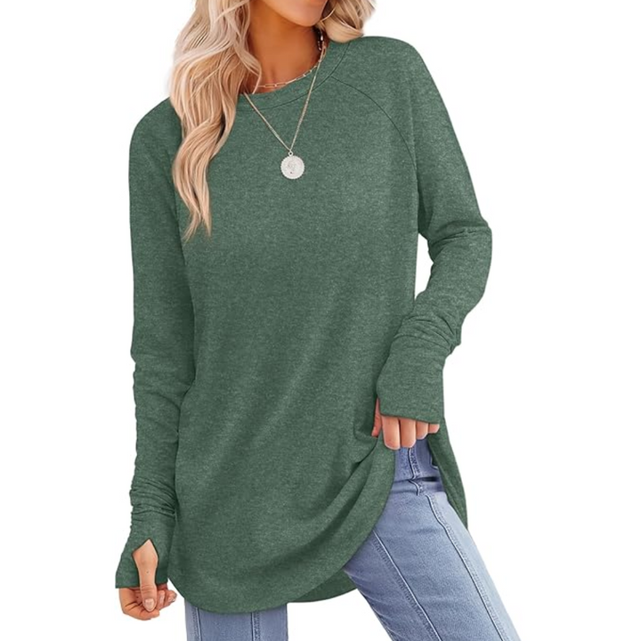 Stylish women's long sleeve tunic top in Tamari, perfect for everyday wear