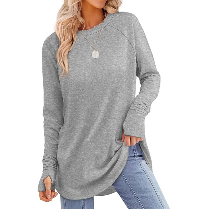 Lagenlook style women's Tamari tunic top, long sleeve with cozy thumbholes