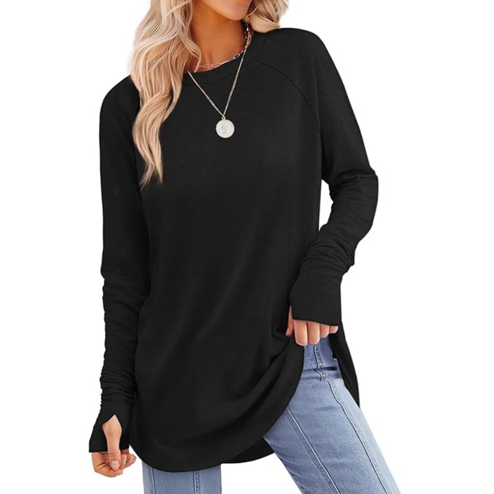 Relaxed fit women's long sleeve Tamari tunic top with added thumbhole detail