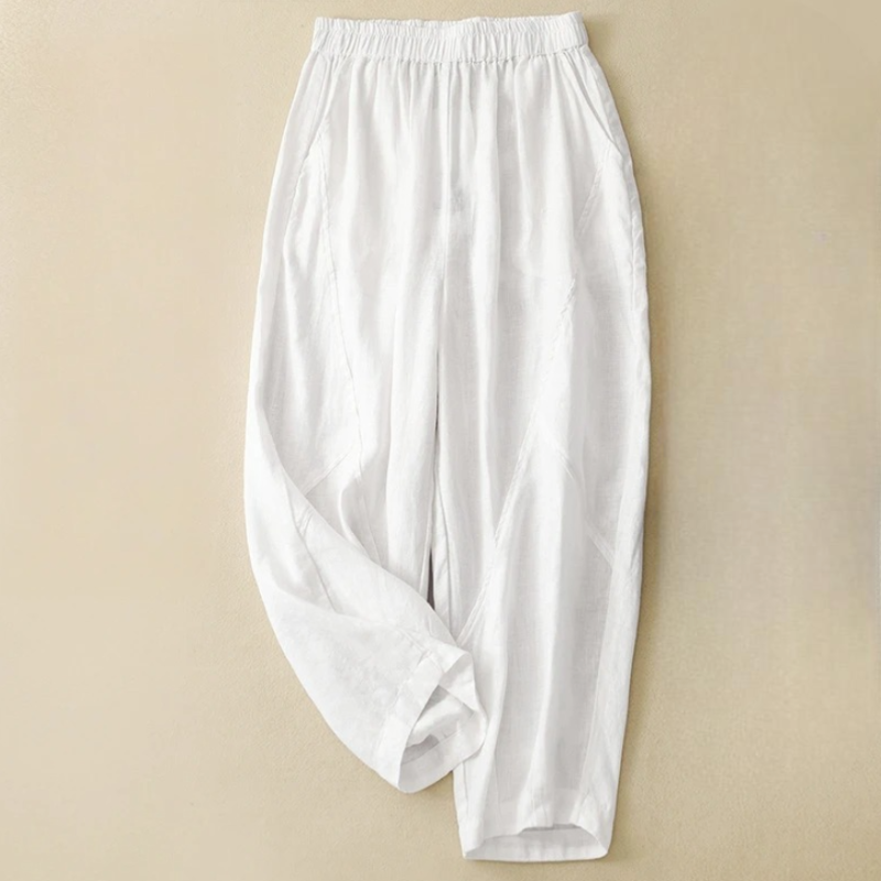Full length view of women's tapered comfort pants with elastic waist, designed for effortless style.