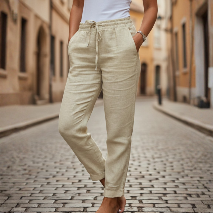 Women's tapered cuffed drawstring pants, elastic waist, comfortable & stylish for spring/summer fashion.