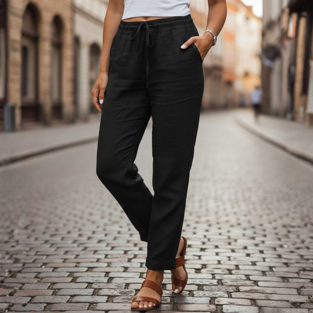 Relaxed fit women's summer pants, tapered drawstring style. Perfect for casual comfort & daily wear.