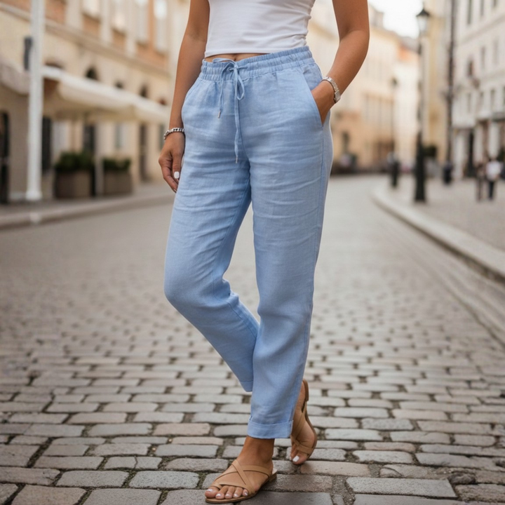 Effortless women's tapered drawstring pants, elastic waist. Comfortable & chic for spring/summer casual wear.