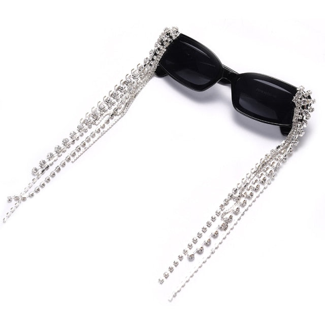 Women's tassel rhinestone sunglasses with gradient UV400 lenses, a chic fashion accessory.