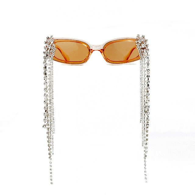 Glamorous women's eyewear: tassel rhinestone sunglasses with UV400 gradient polycarbonate lenses.