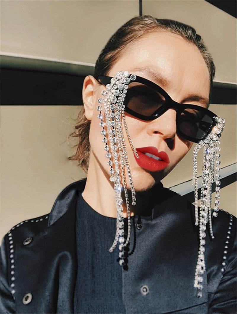 Women's tassel rhinestone sunglasses; UV400 gradient polycarbonate lenses & plastic frame. Fashion accessory.