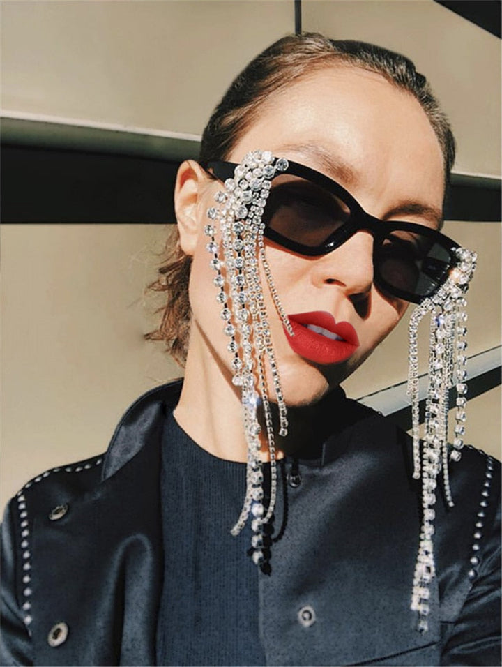 Women's tassel rhinestone sunglasses; UV400 gradient polycarbonate lenses & plastic frame. Fashion accessory.