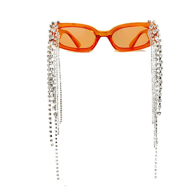 Women's UV400 gradient lens sunglasses with glamorous rhinestones & chic tassels; polycarbonate.