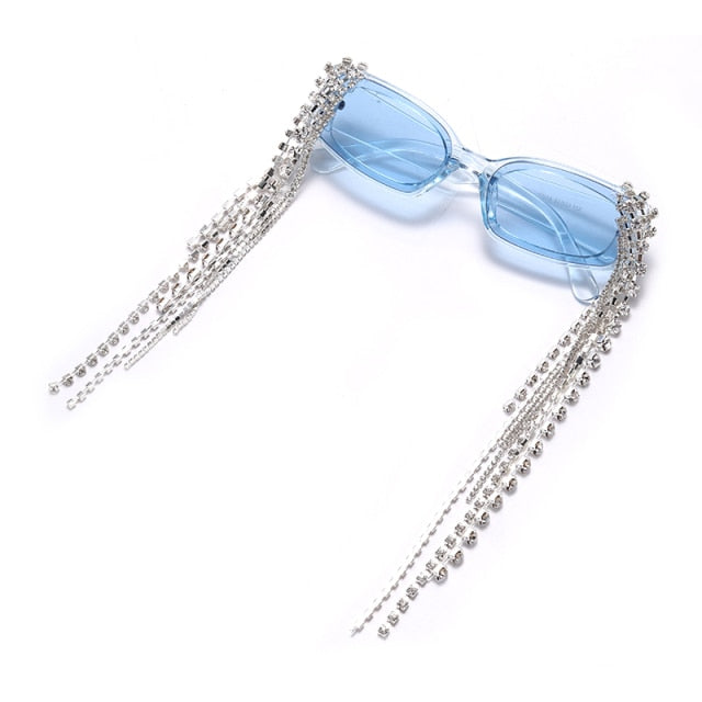 Trendy women's fashion accessory: rhinestone tassel sunglasses with gradient lenses for UV400 protection.